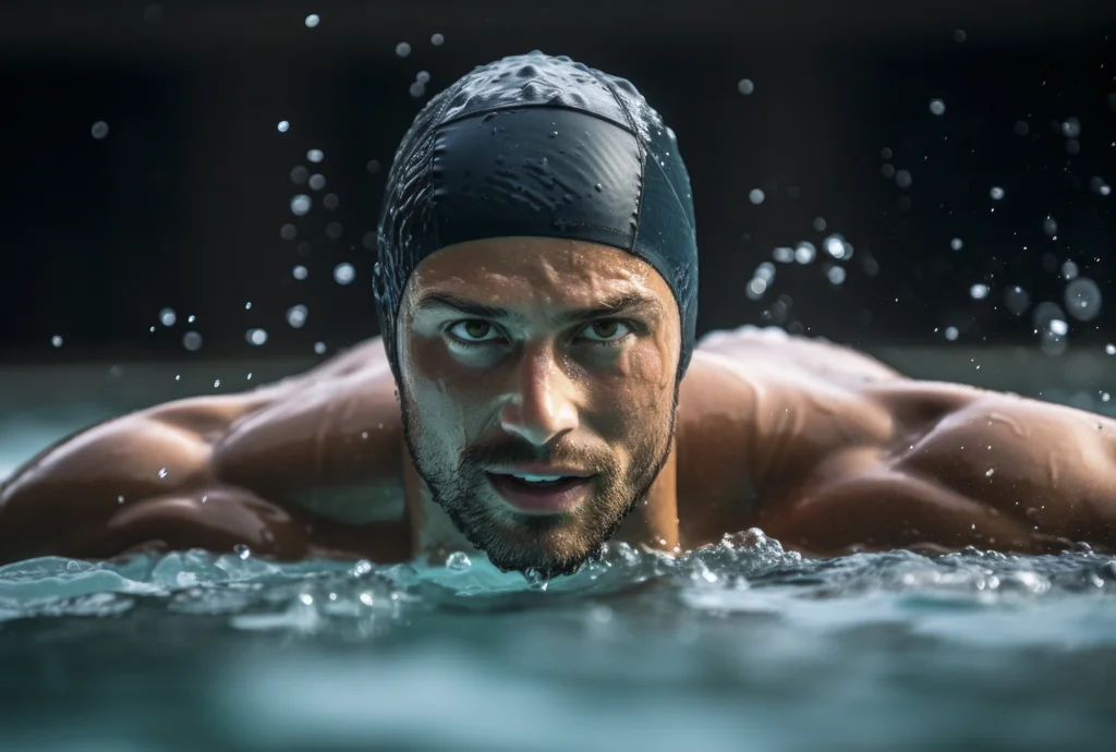 Equipo de natación entrenando con gorros personalizados en la piscina