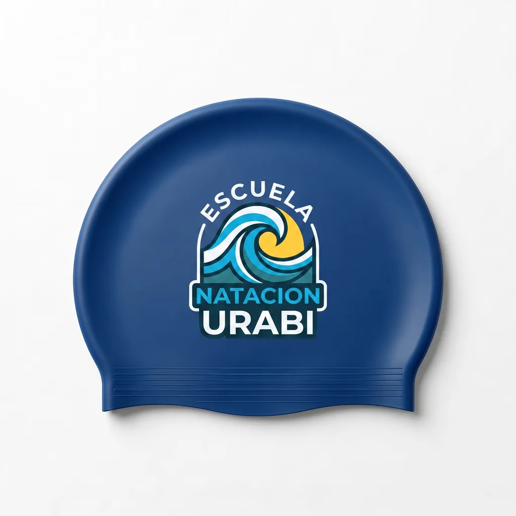 Gorro de natación de látex azul personalizado con logotipo a un color para escuela deportiva