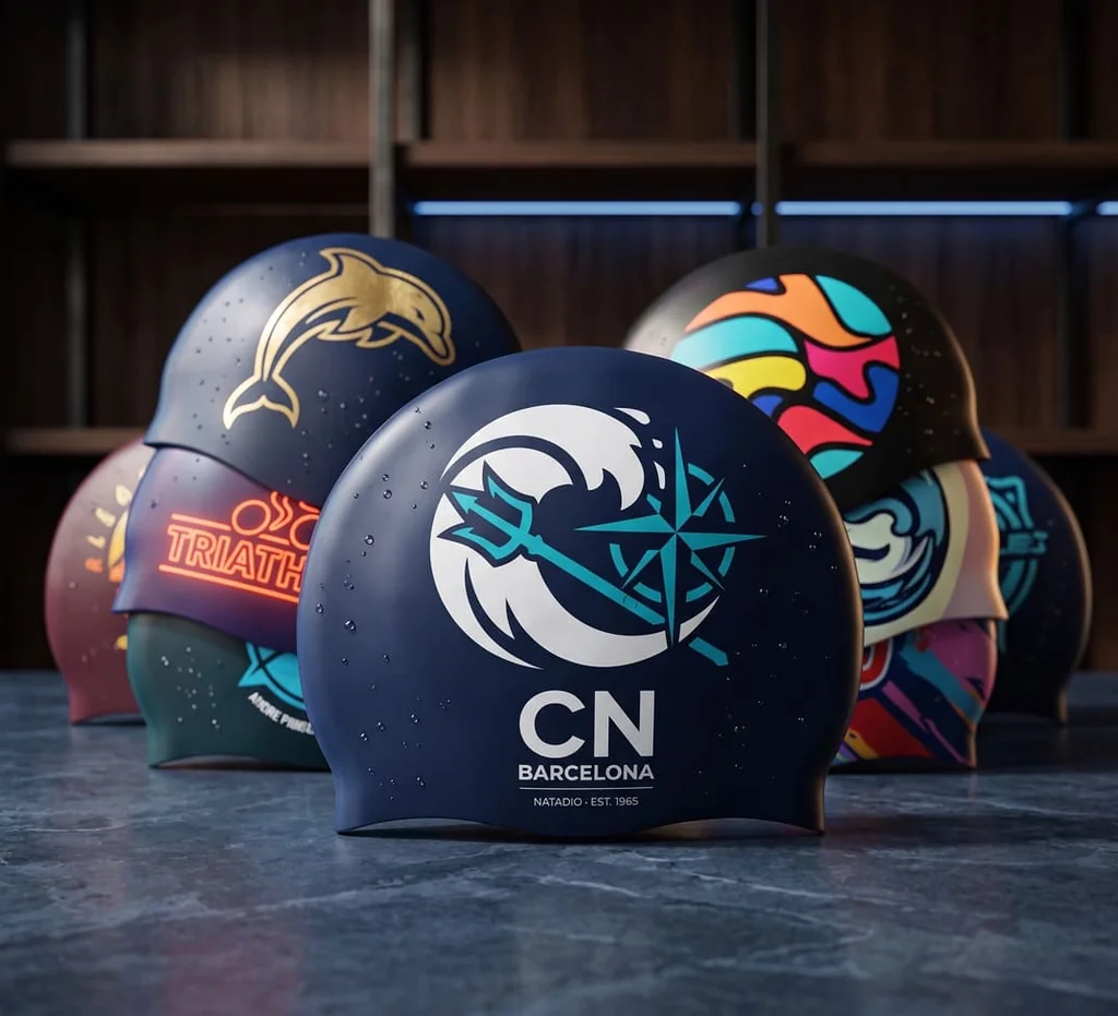 Muestrario de gorros de natación de látex personalizados para campus y competiciones