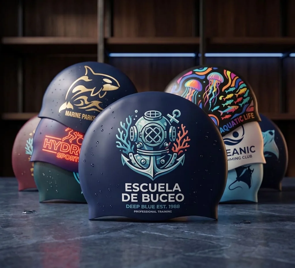 Muestrario de gorros de natación de silicona personalizados para equipos deportivos