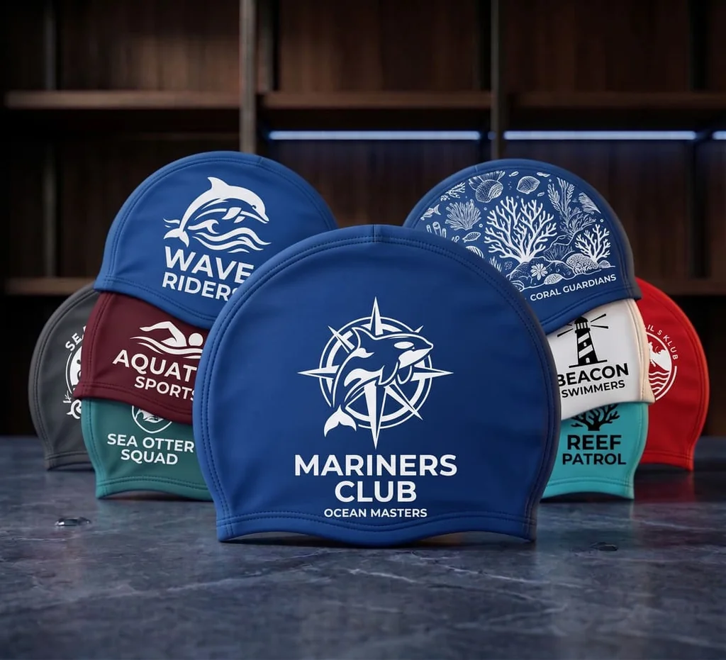 Muestrario de gorros de natación de licra personalizados para cursillos infantiles y hoteles